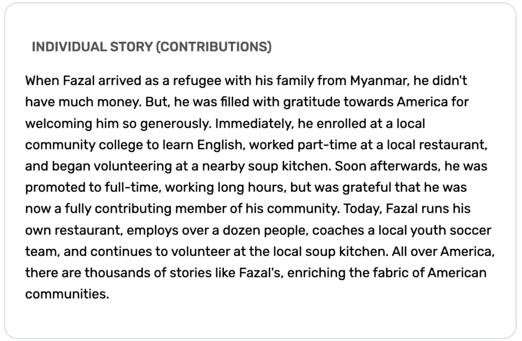 Image of the winning message, which tells the story of a refugee named Fazal from Myanmar and his contributions to his community. 